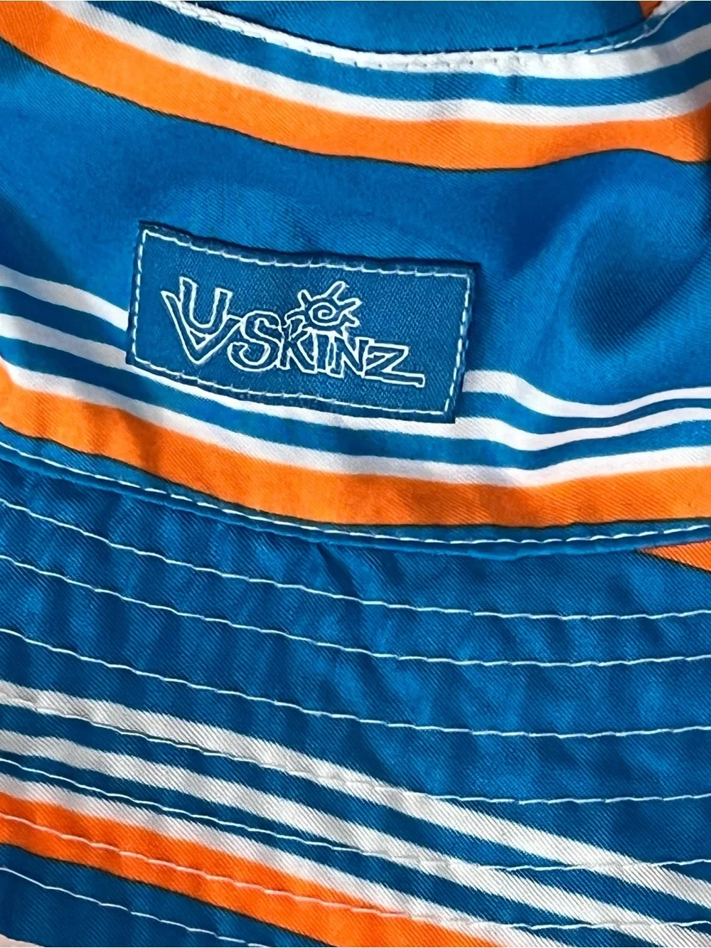 UV Skinz Swim Set size 3T (? ) Board Shorts & Hat Orange/blue/white  Striped.